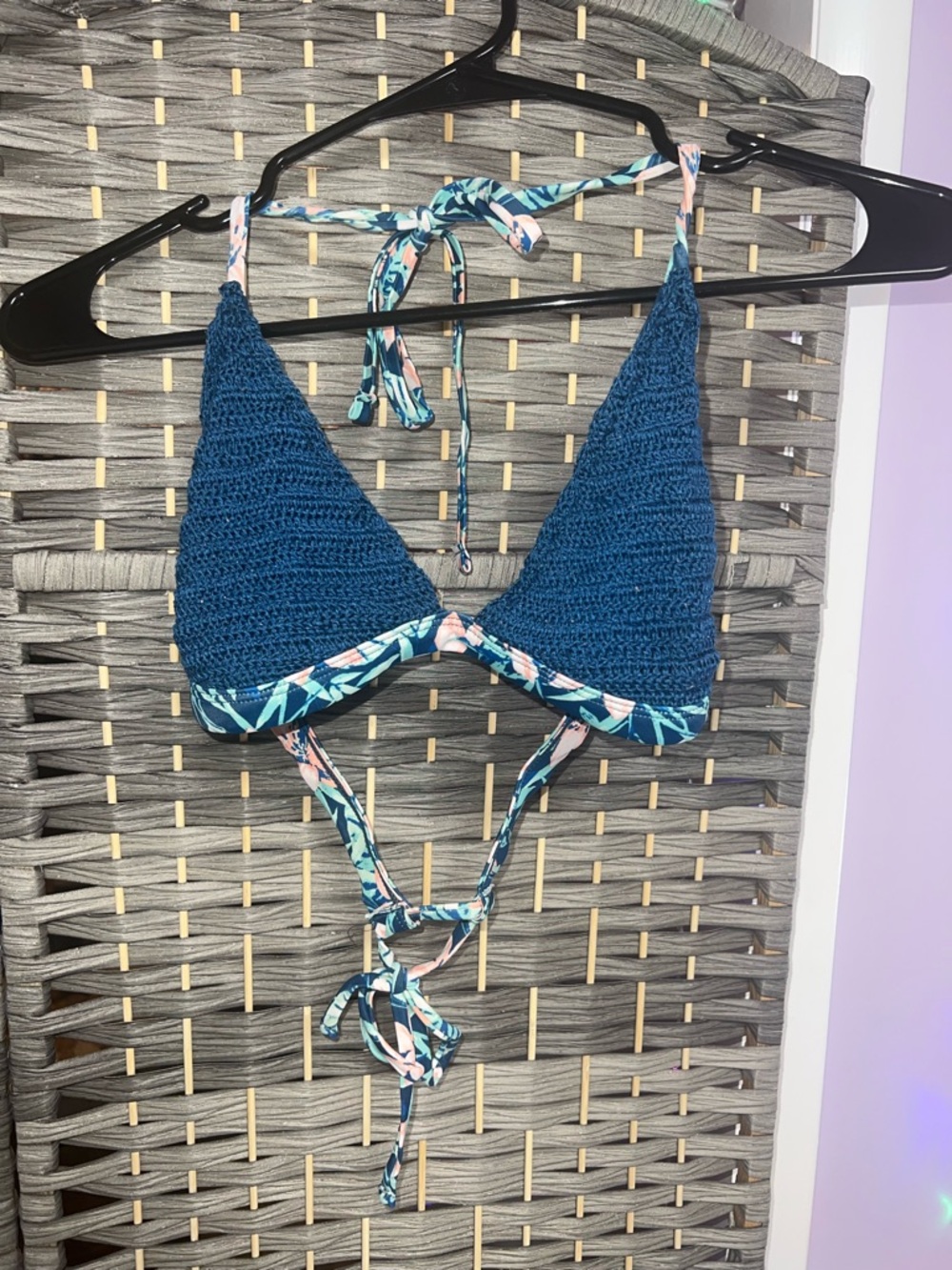 SO Teal and Navy Floral-Trim Bikini Top